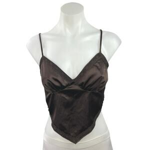 Rebel Flow Women's Brown Satin V Neck Spaghetti Strap Tie Hanky Cami Crop Top M